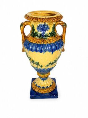 Ialian Urn Vase Majolica Large Blue Gold Green Italy Centerpiece Planter Home Fo